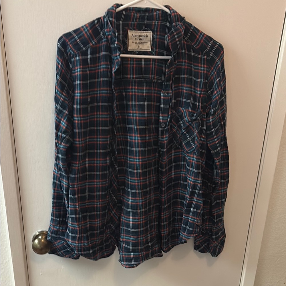 Abercrombie & Fitch Blue and Red Casual Button Down Flannel